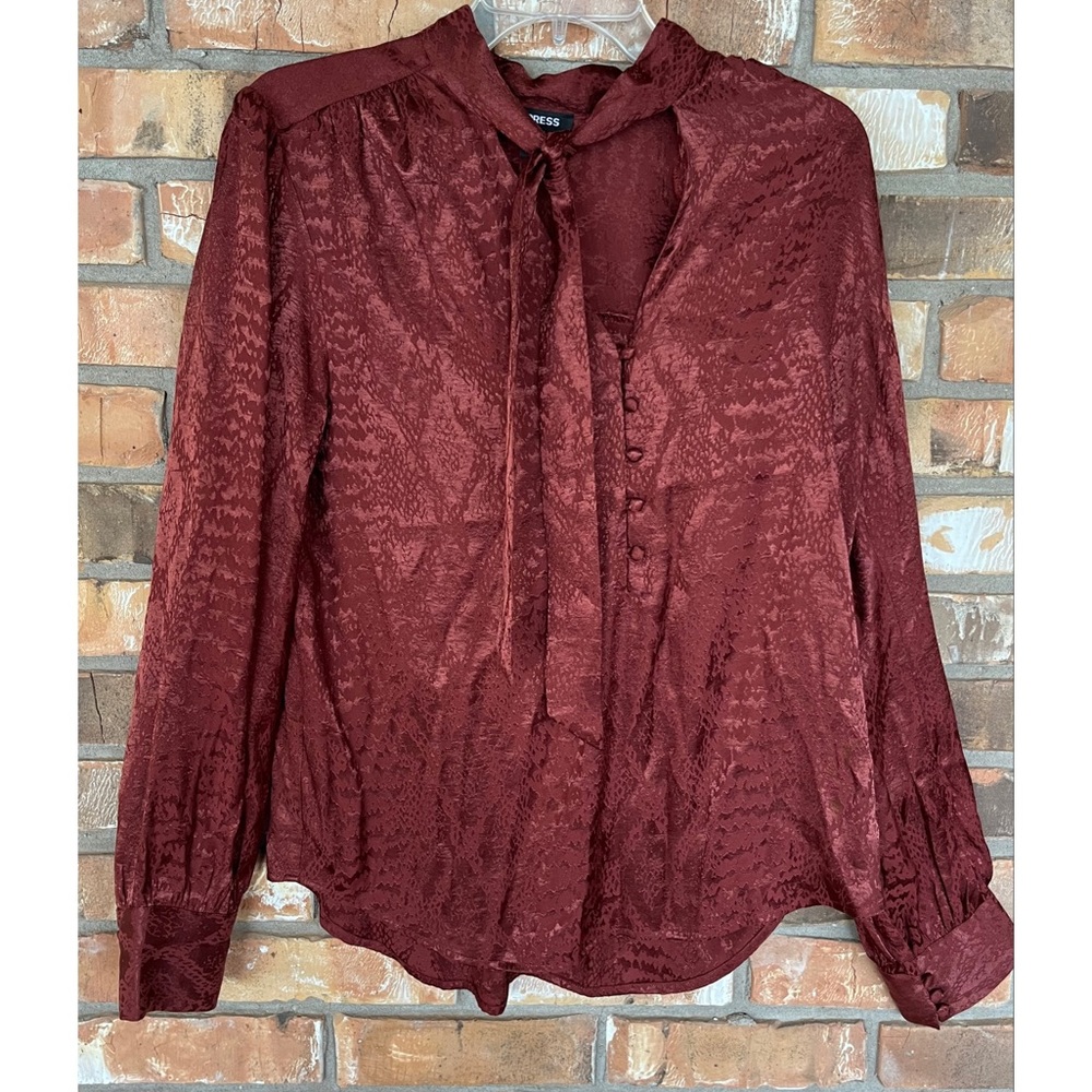 Express Women’s Brown Jacquard Tie Neck Long Sleeve Top Size Medium